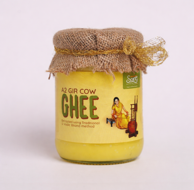 Glass jar of Pure Desi Ghee made from Gir Cow milk made using bilona method