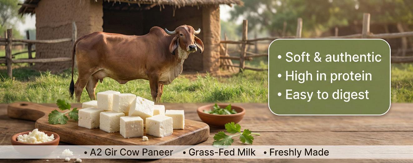 freshly cutted pieces of a2 gir cow paneer , made from organic a2 milk