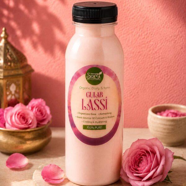 a2 bilona gulab lassi , made with fresh ruafza placed on a table